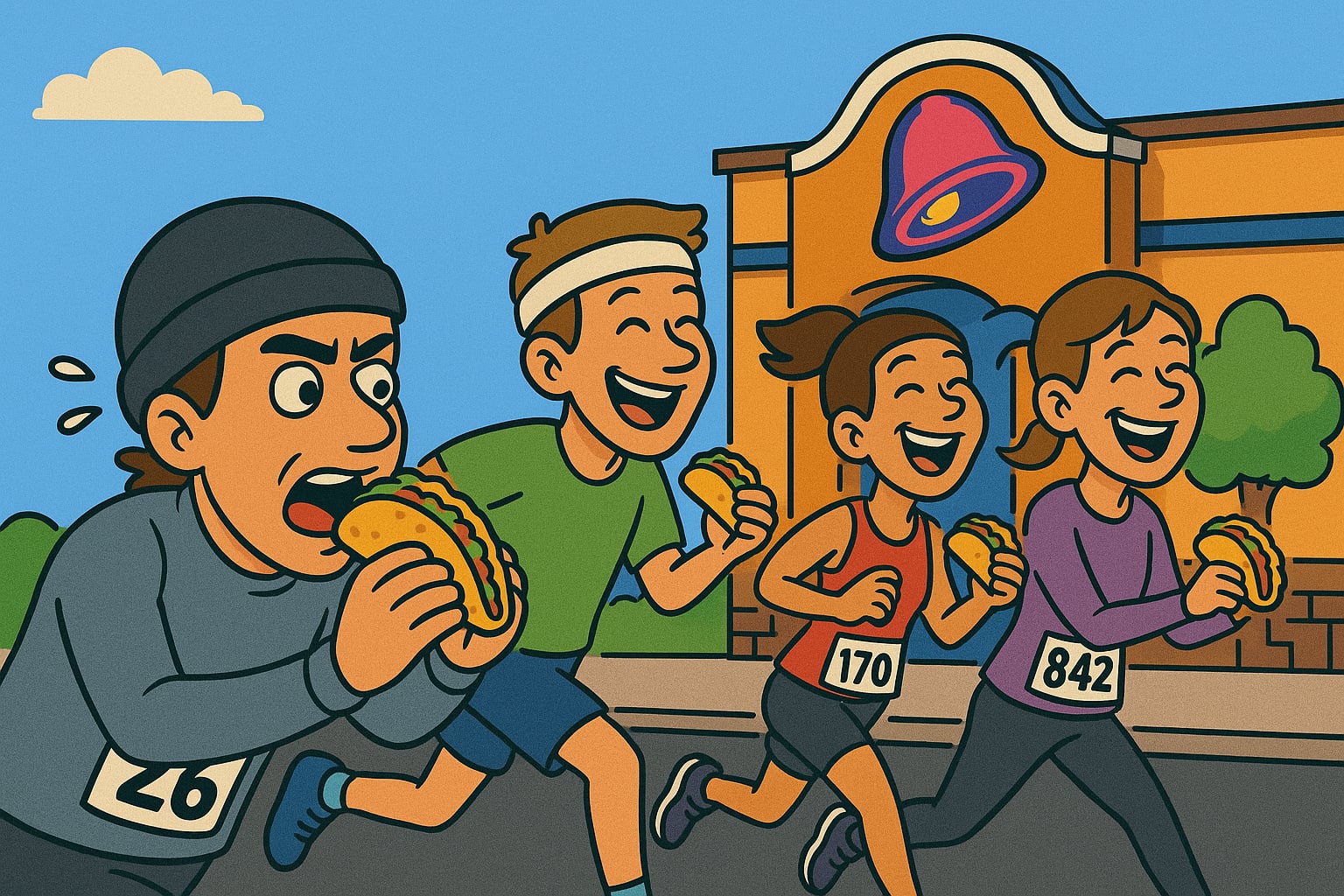 Runner passing a restaurant that looks like a fast food taco joint; festive community atmosphere
