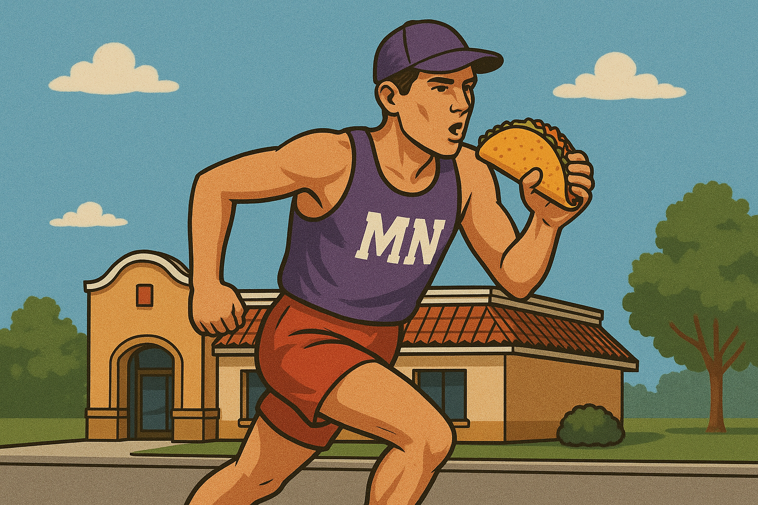 Runner passing a restaurant that looks like a fast food taco joint; festive community atmosphere